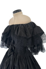 1970s Louis Mies Haute Couture Off Shoulder Silk Taffeta Dress w Hand Made Lace Detailing