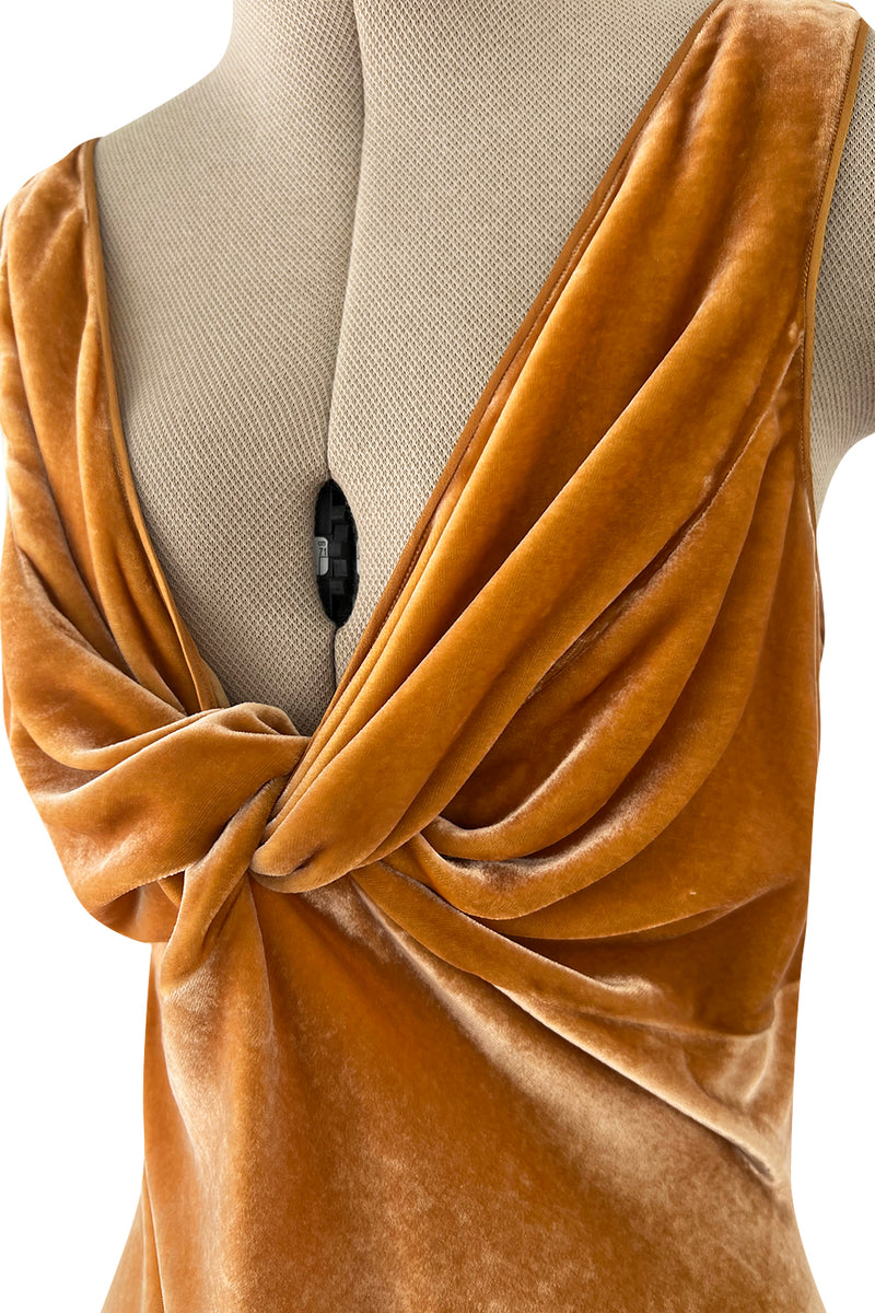 Magical Fall 2005 John Galliano Deep Golden Coloured Bias Cut Velvet Dress w Front Knot Detail