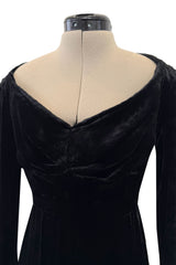 Fall 1984 Christian Dior by Marc Bohan Haute Couture Runway Black Velvet Dress w Wide Neckline