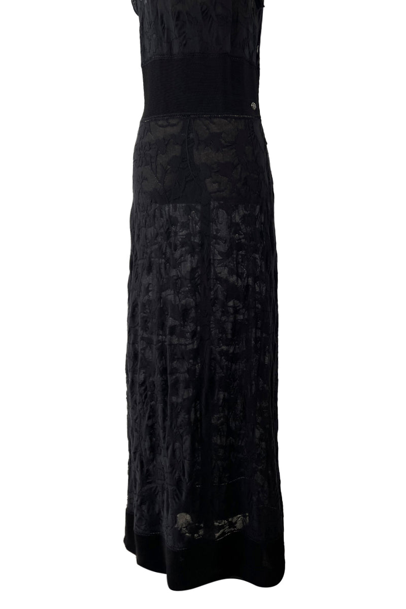 Stunning 2010s Chanel by Karl Lagerfeld Light Weight Black Floral Pattern Knit Dress w Slight Transparency