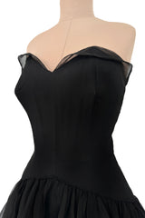 1940s Jean Patou Haute Couture Strapless Black Silk Chiffon Dress w Tiered Full Skirt