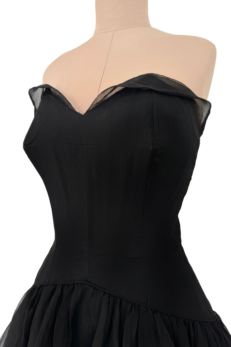 1940s Jean Patou Haute Couture Strapless Black Silk Chiffon Dress w Tiered Full Skirt