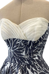 Amazing 1950s Fred Perlberg Hand Painted Silver & Gray Strapless Dress w Pleated Shelf Bust