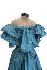 Spectacular 1970s Yves Saint Laurent Deep Turquoise Blue Silk Off Shoulder Fuffled Top & Matching Skirt Set