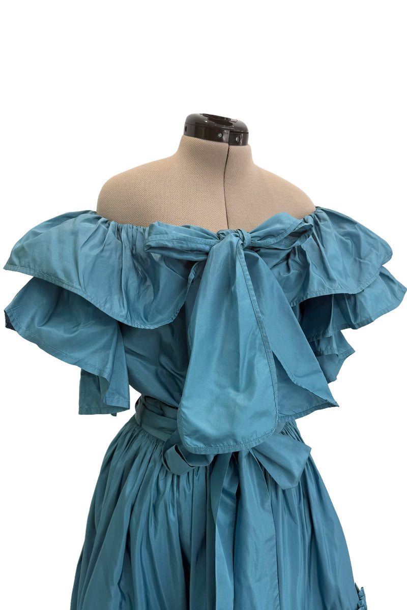 Spectacular 1970s Yves Saint Laurent Deep Turquoise Blue Silk Off Shoulder Fuffled Top & Matching Skirt Set