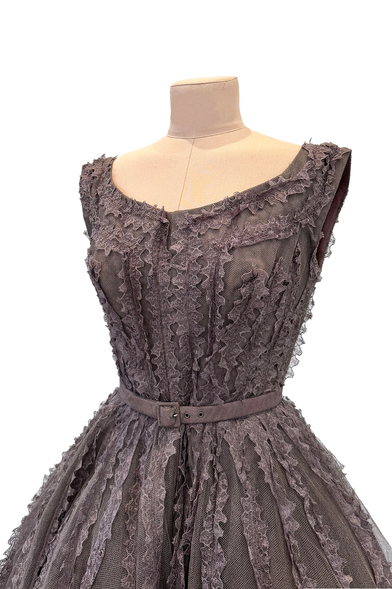 Exceptional 1950s Jacques Heim Golden Era Haute Couture Ultra Rare Purple-Gray Net & Handmade Lace Dress