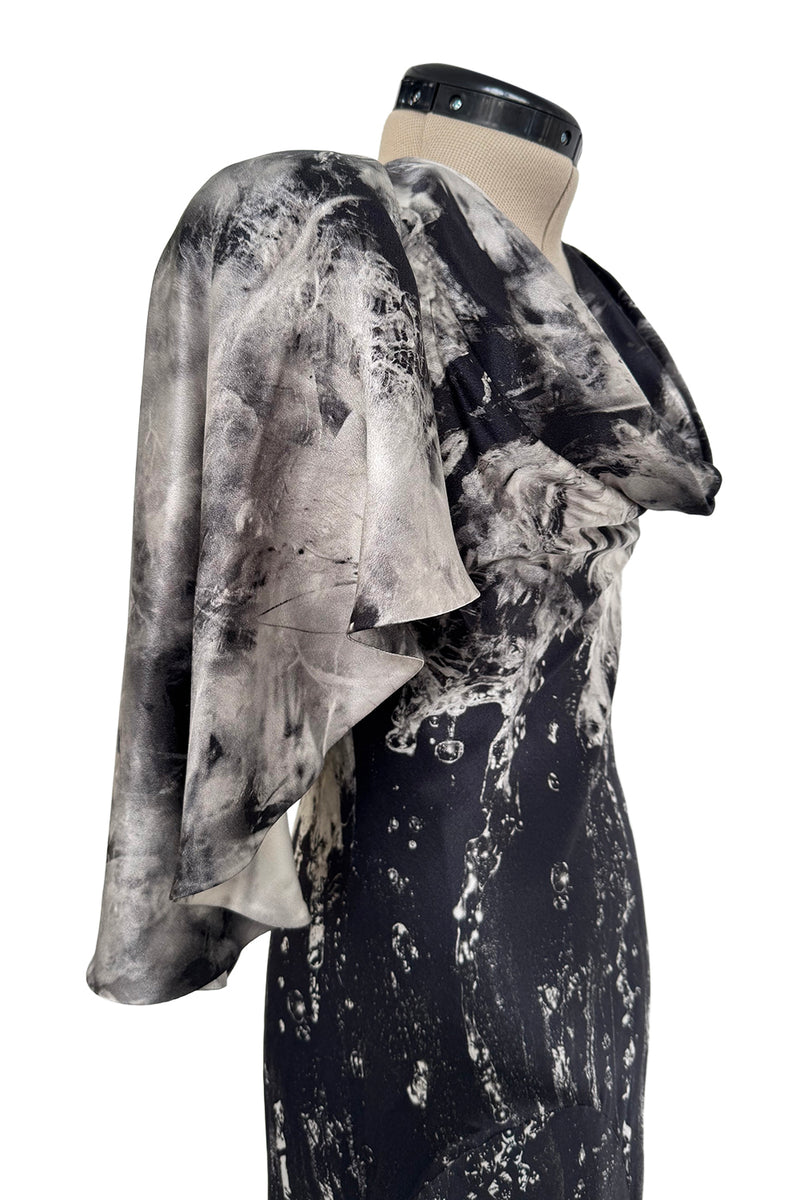 Outstanding Fall 2010 Alexander McQueen Gray Scale Print Silk Dress w Caped Sleeves & Trained Skirt