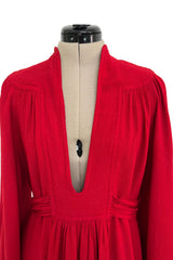 Amazing 1970 Ossie Clark 'Graduation' Deep Front Plunge Maxi Dress in a Red Moss Crepe