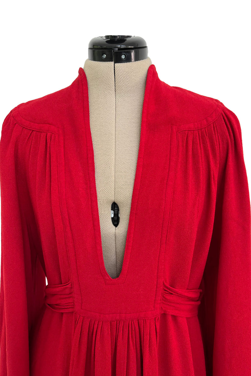 Amazing 1970 Ossie Clark 'Graduation' Deep Front Plunge Maxi Dress in a Red Moss Crepe