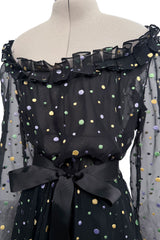 Prettiest 1970s Louis Feraud Black Chiffon Ruffled Dress w Multi Coloured Embroidered Dots