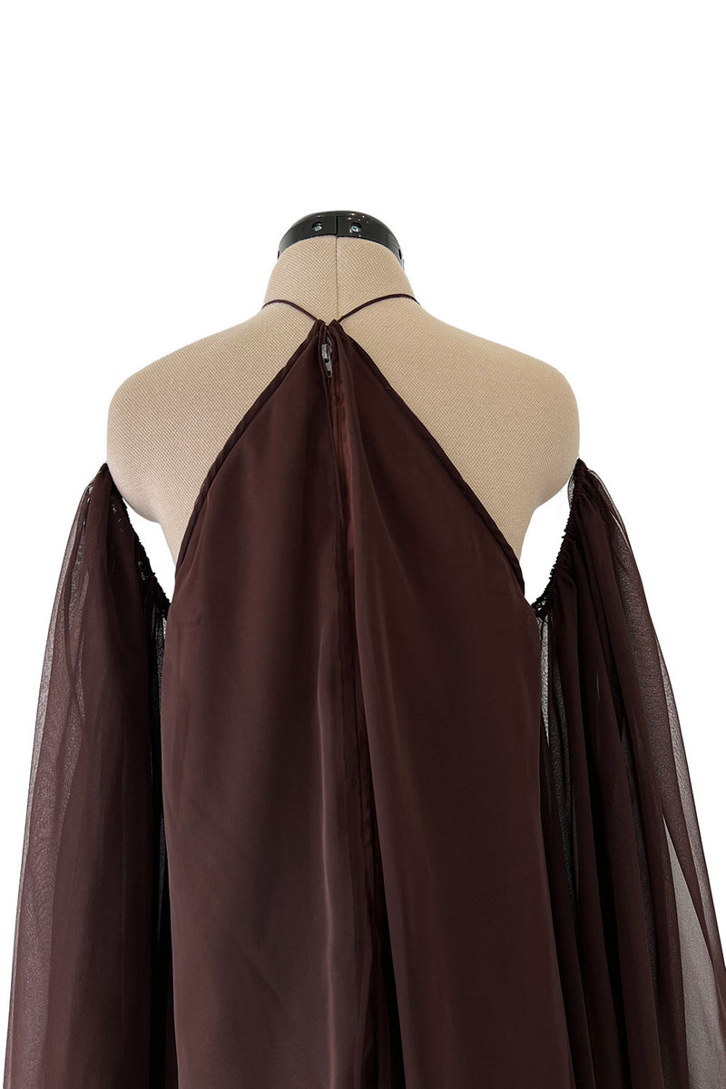 Extraordinary 1970s Yuki Brown Chiffon Caftan Dress w Open Shoulders & Incredible Sleeves