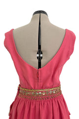 1950s Unlabeled Lanvin-Castillo Couture Elaborate Gold Beaded Pink Waffle Weave Top & Skirt
