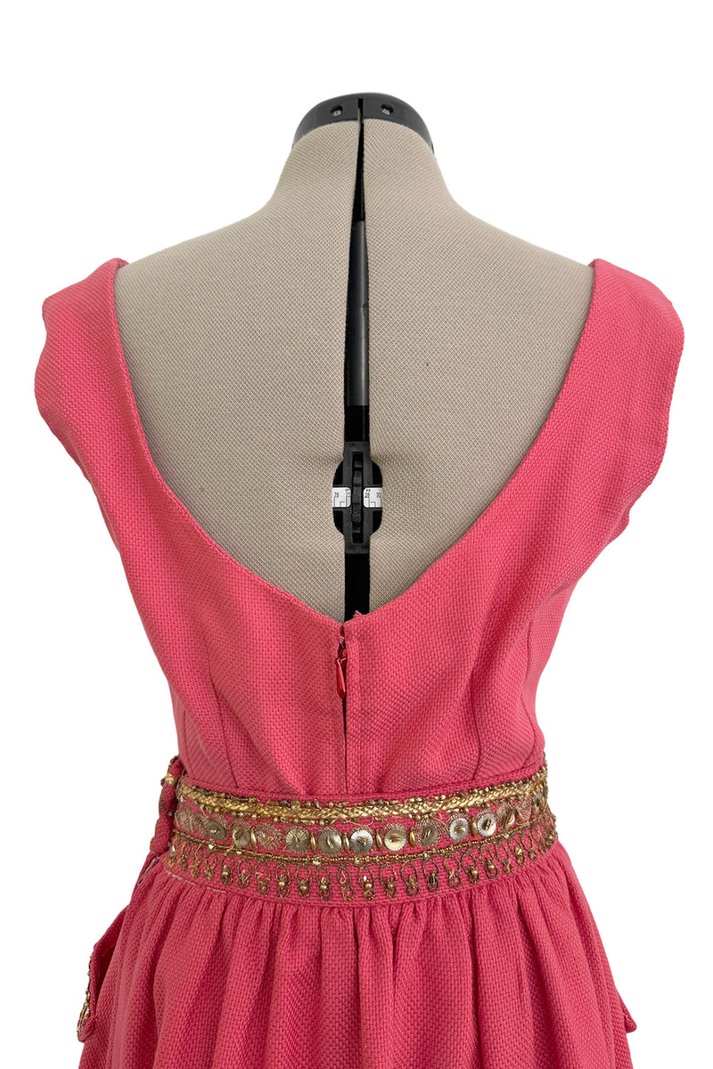 1950s Unlabeled Lanvin-Castillo Couture Elaborate Gold Beaded Pink Waffle Weave Top & Skirt
