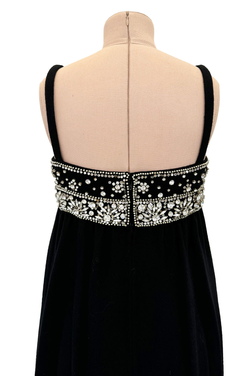 Sophisticated 1960s Donald Brooks Fine  Black Wool Crepe Dress w Elaborate Rhinestone Detailing