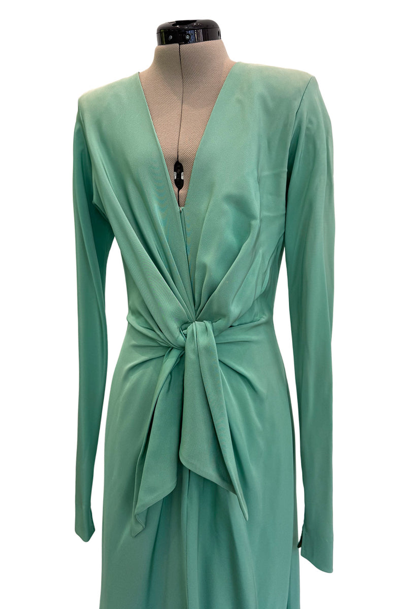 Iconic Spring 1985 Yves Saint Laurent Haute Couture Runway Pale Green Silk Dress w Front Plunge & Tie