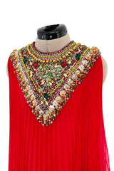 Prettiest Unlabeled 1960s Red Pleated Chiffon Dress w Densely Beaded & Sequin Bib Collar