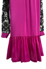 Flapper Inspired 1980s Yves Saint Laurent Easy Fit Brilliant Pink Silk Dress w Black Floral Lace Sleeves