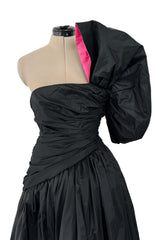 Striking 1980s Arnold Scaasi Couture Black Silk Strapless Dress w Pink Lined Half Bow & Shawl