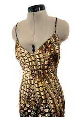 Gorgeous Spring 2005 Roberto Cavalli Black & Gold Feather Print Bias Cut Silk Dress w Open Criss Cross Back