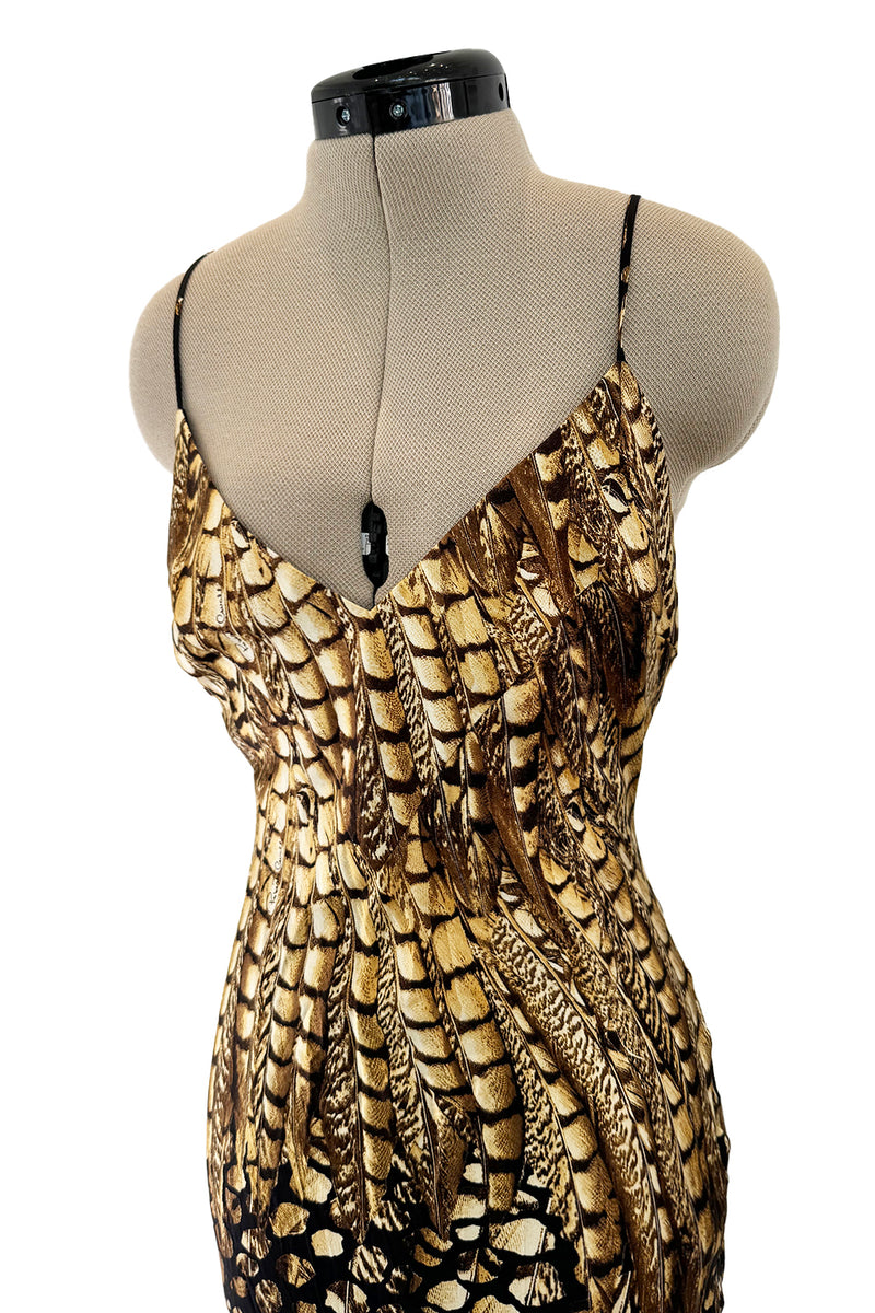 Gorgeous Spring 2005 Roberto Cavalli Black & Gold Feather Print Bias Cut Silk Dress w Open Criss Cross Back