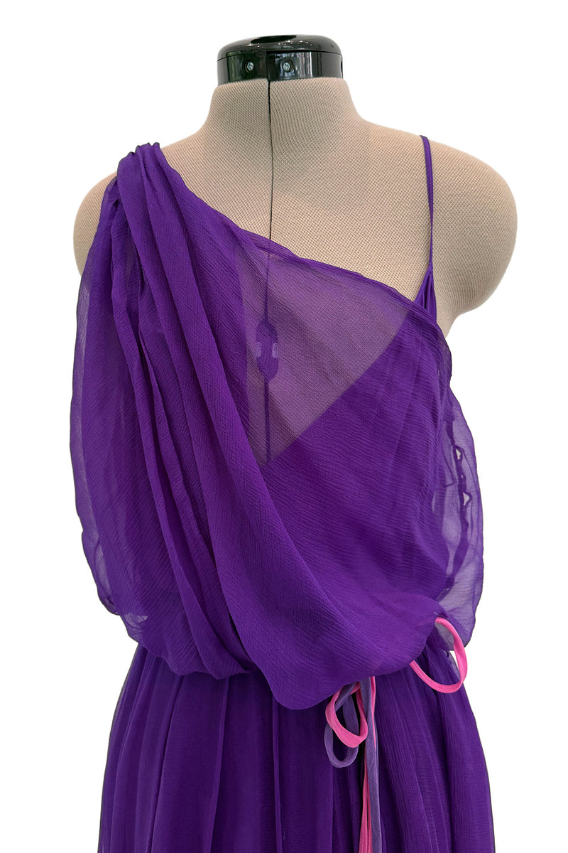 Spring 2001 Christian Dior by John Galliano Purple Silk Chiffon One Shoulder dress w Matching Pink & Red Floral Tie Belt