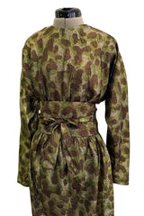 Fall 1979 Halston Runway Olive Brown & Deep Metallic Gold Leopard Print Bias Cut Dress w Belt