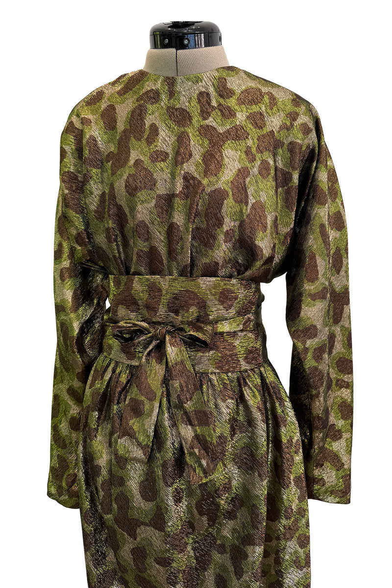 Fall 1979 Halston Runway Olive Brown & Deep Metallic Gold Leopard Print Bias Cut Dress w Belt