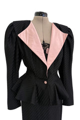 Fantastic Spring 1984 Emanuel Ungaro Haute Couture Black Stripe Jacket & Skirt Suit + Pink Camisole