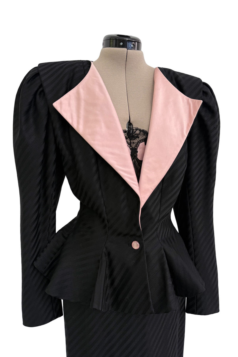Fantastic Spring 1984 Emanuel Ungaro Haute Couture Black Stripe Jacket & Skirt Suit + Pink Camisole