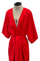 Fabulous 1970s Halston Wrap Plunge Red Full Length Dress w Wide Sleeves & Original Sash