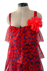 Gorgeous 1970s Givenchy Blue & Red Dot Tiered Silk Organza Ruffle Dress