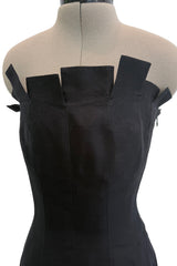 Fantastic c.1983 Thierry Mugler Black Raw Silk Vertical Panel Dress w Car Wash Hem & Silk Chiffon
