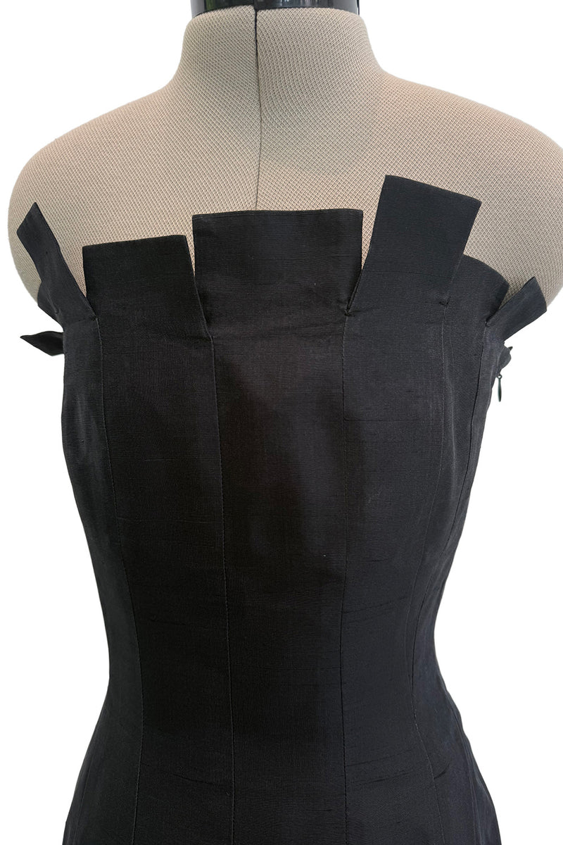 Fantastic c.1983 Thierry Mugler Black Raw Silk Vertical Panel Dress w Car Wash Hem & Silk Chiffon