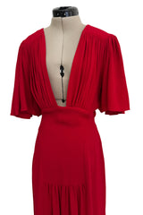Fantastic Fall 1974 Ossie Clark Runway Documented Red Moss Crepe Dress w Plunging Front & Caped Sleeves