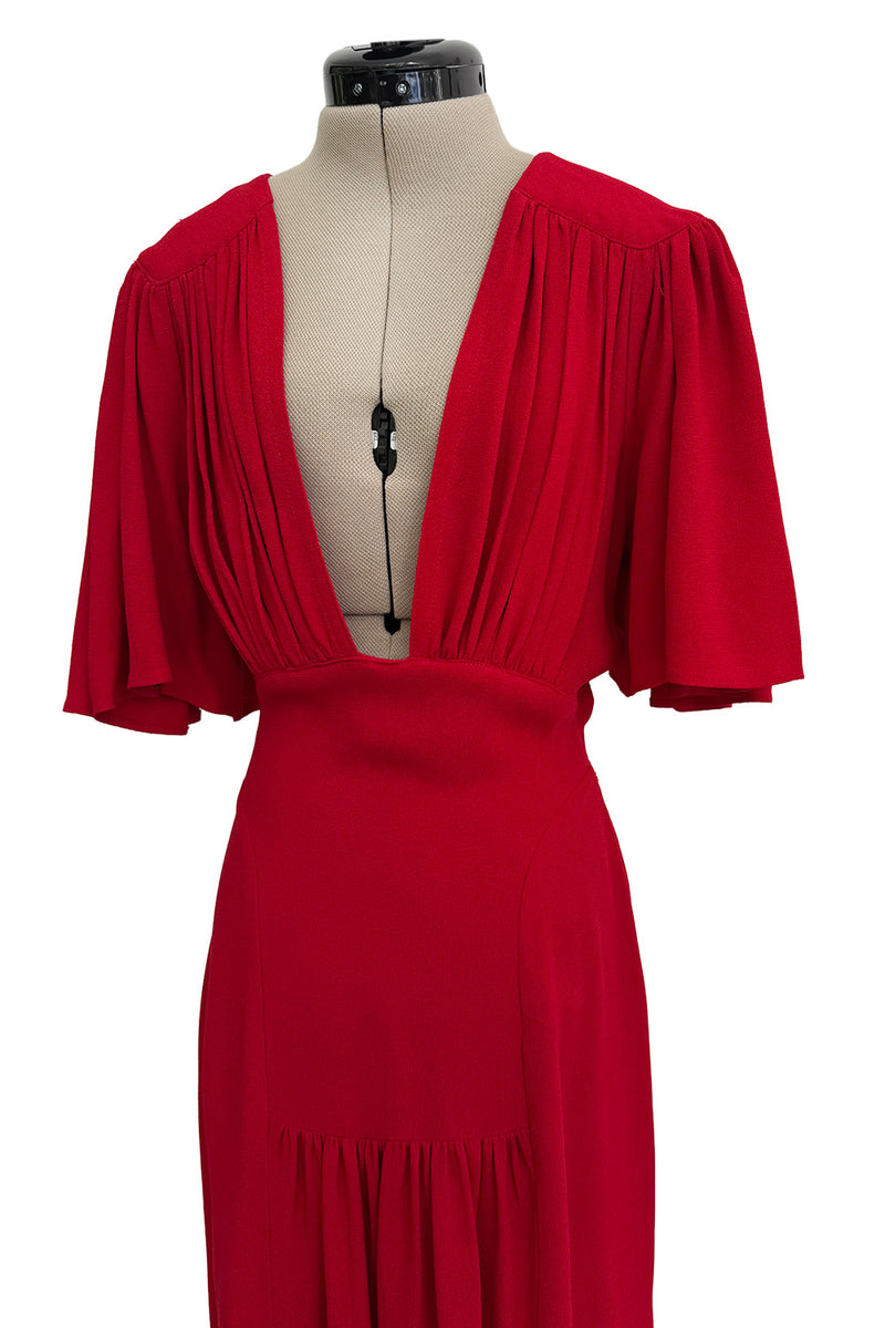 Fantastic Fall 1974 Ossie Clark Runway Documented Red Moss Crepe Dress w Plunging Front & Caped Sleeves