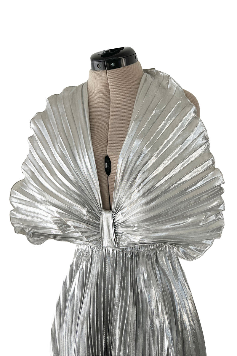 Exceptional 1970s Roland Klein Metallic Silver Lame Pleated Fan Dress w Completely Open Bare Back