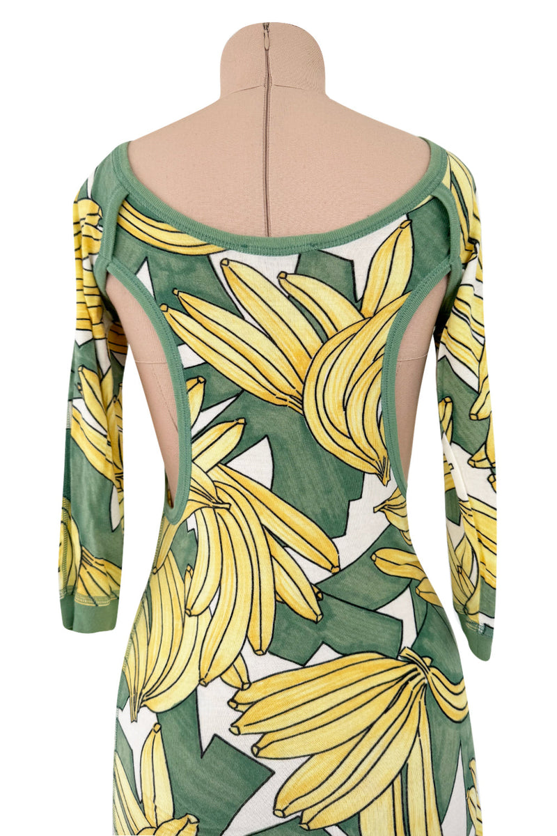 Iconic Spring 2004 Chloe by Phoebe Philo Runway Look 18 Banana Print Dress Side Cuts Outs