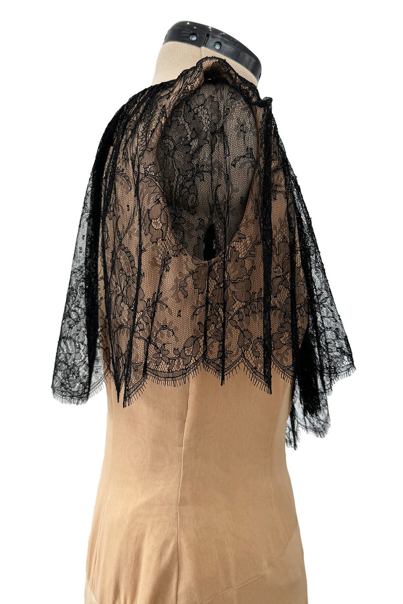 Spectacular Fall 1988 John Anthony Bias Cut Taupe Silk Chiffon Wrap Dress w Hand Made Lace Detailing