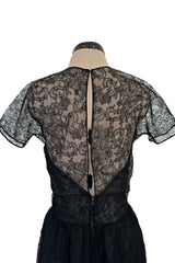 Incredible 1990s Oscar de la Renta Fine Black Lace Dress w Full Ruffled Skirt