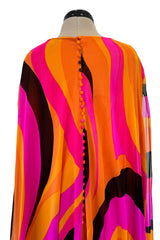 Spectacular c.1972 La Mendola Brilliant Pink, Orange, Tangerine & Black Silk Chiffon Caftan w Floor Length Cape Sleeves Sleeves