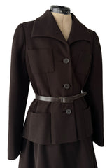 Chic 1960s Norman Norell Deep Brown Skirt & Jacket Suit Set w Belt & Hand Written Tag