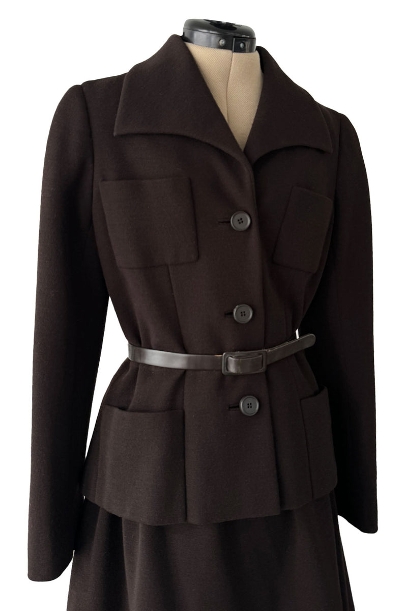 Chic 1960s Norman Norell Deep Brown Skirt & Jacket Suit Set w Belt & Hand Written Tag