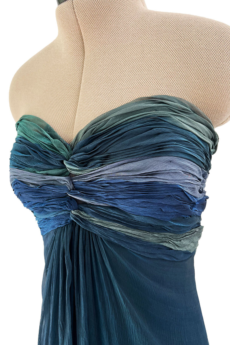 Spring 1990 Oscar De La Renta Ocean Blues Silk Chiffon Strapless Dress Shrimpton Couture Spring 1990 Oscar De La Renta Ocean Blues Silk Chiffon Strapless Dress Shrimpton Couture
