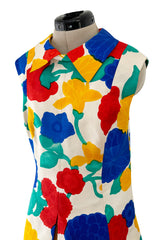 Happiest 1960s James Galanos Bright Floral Print Silk Dress w Pleated Skirt & Rounded Collar