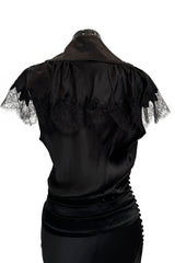 Iconic Fall 2005 John Galliano Black Silk Bias Cut Dress w Plunge Front & Lace Trimmed Cap Sleeves