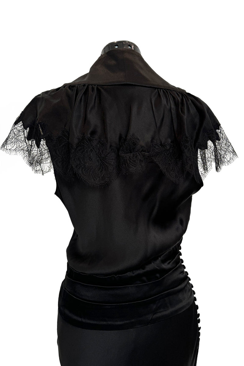 Iconic Fall 2005 John Galliano Black Silk Bias Cut Dress w Plunge Front & Lace Trimmed Cap Sleeves