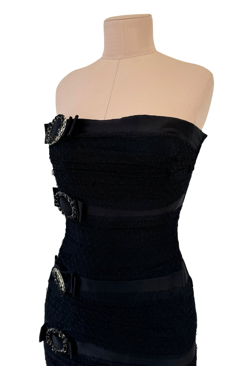 Fantastic Spring 1987 Yves Saint Laurent Strapless Dotted Silk Net Strapless Dress w Rhinestone Detail & Full Lower Skirts