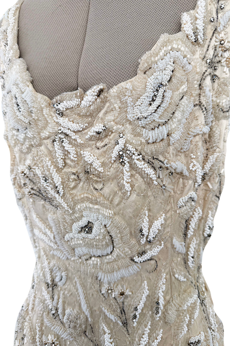 Amazing 1950s Mde. Etoile Ivory Silk Heavily Hand Beaded Demi Couture Dress w Scoop Back
