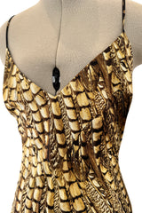 Gorgeous Spring 2005 Roberto Cavalli Black & Gold Feather Print Bias Cut Silk Dress w Open Criss Cross Back