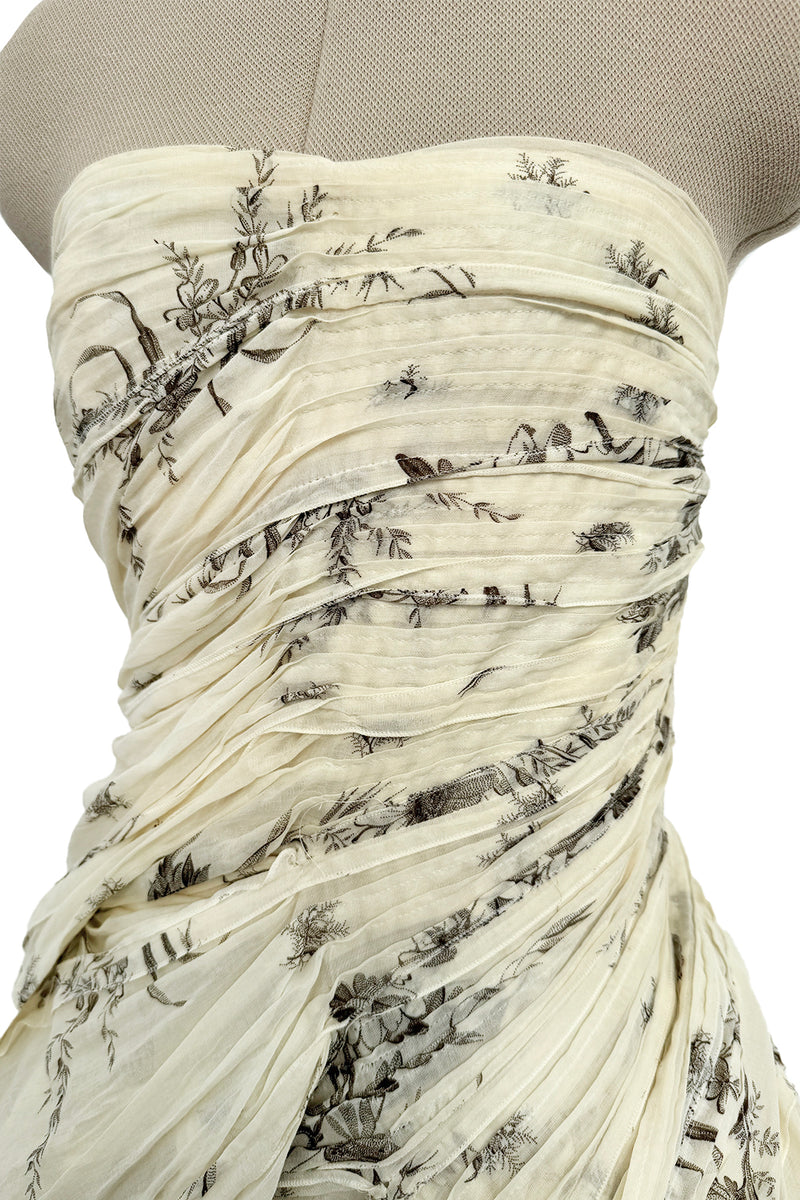 Spring 2004 Prada by Miuccia Variation on Look 52 Printed Ivory Strapless Cotton Dress